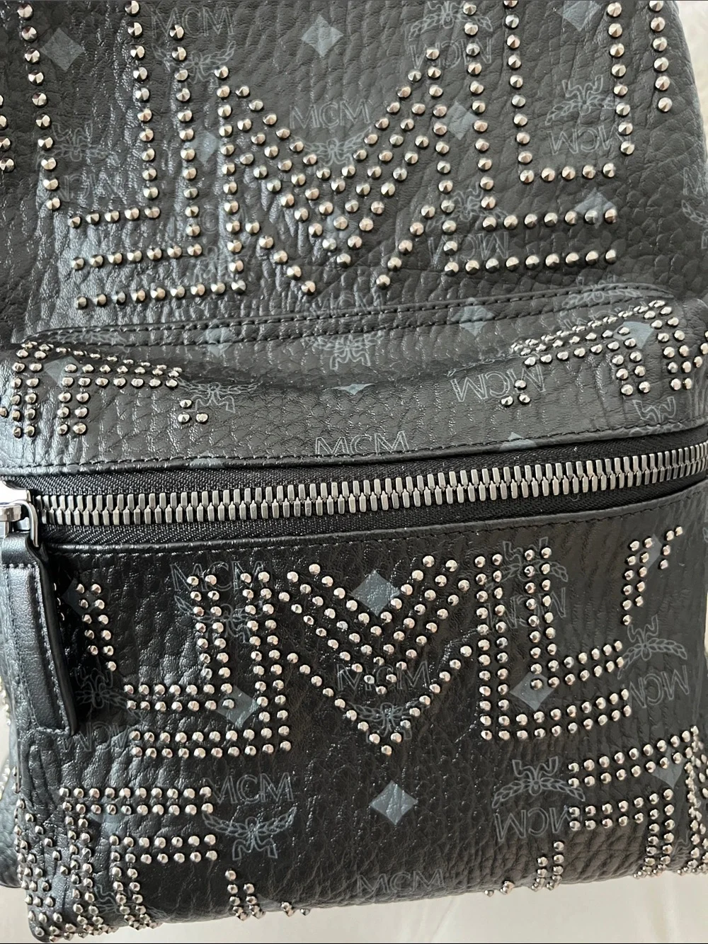 Authentic Mcm Studded Stark Gunta Backpack In Black Visetos Coated Canvas